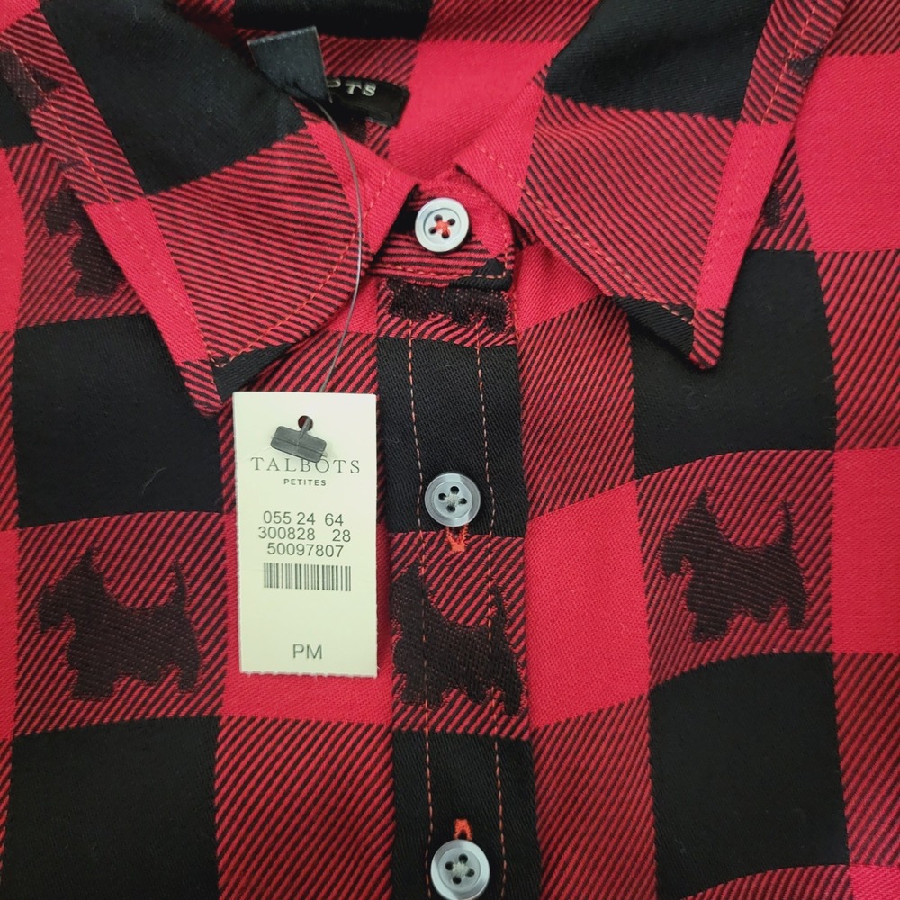 Talbots Womens PM Scotty Dog Buffalo Plaid Holiday Christmas Festive Button‎ Up - Picture 2 of 14